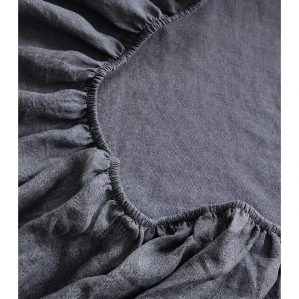 Quince European Linen Fitted Sheet Set Full Size Night Fall Blue NO FLAT SHEET